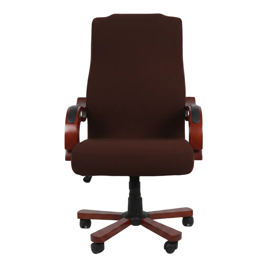 Brown office chair in a modern living room setting with yellow walls and glass coffee table.