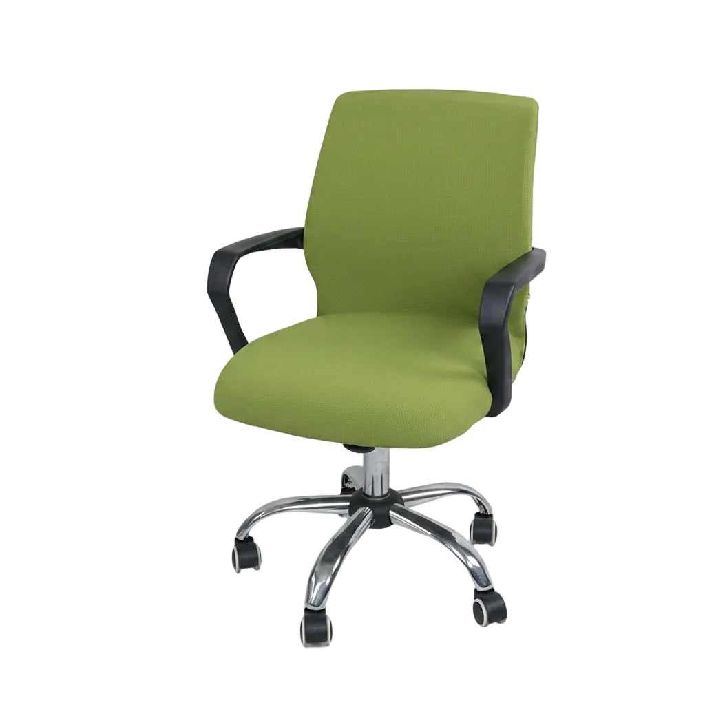 Green office chair with black armrests on a white background