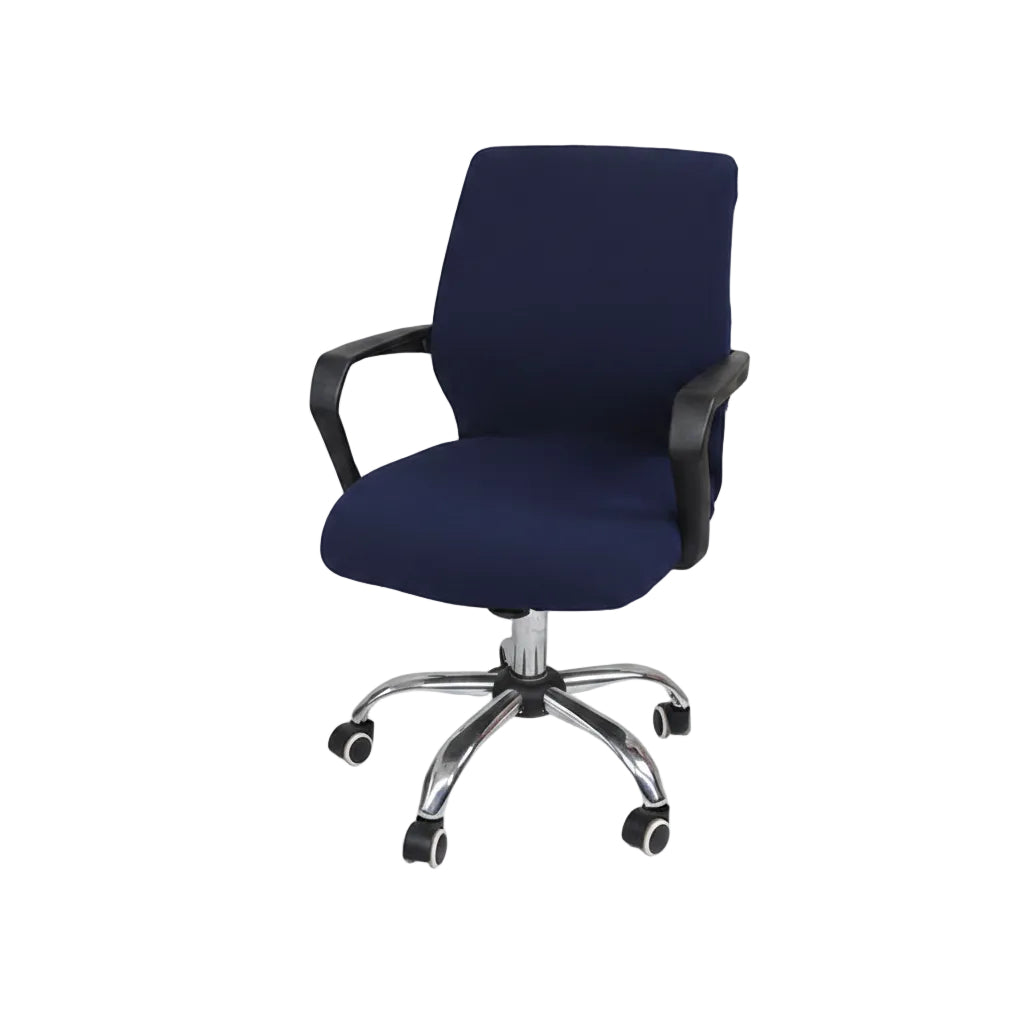 Blue office chair with black armrests on a white background