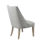 Gray upholstered chair with wooden legs on a white background