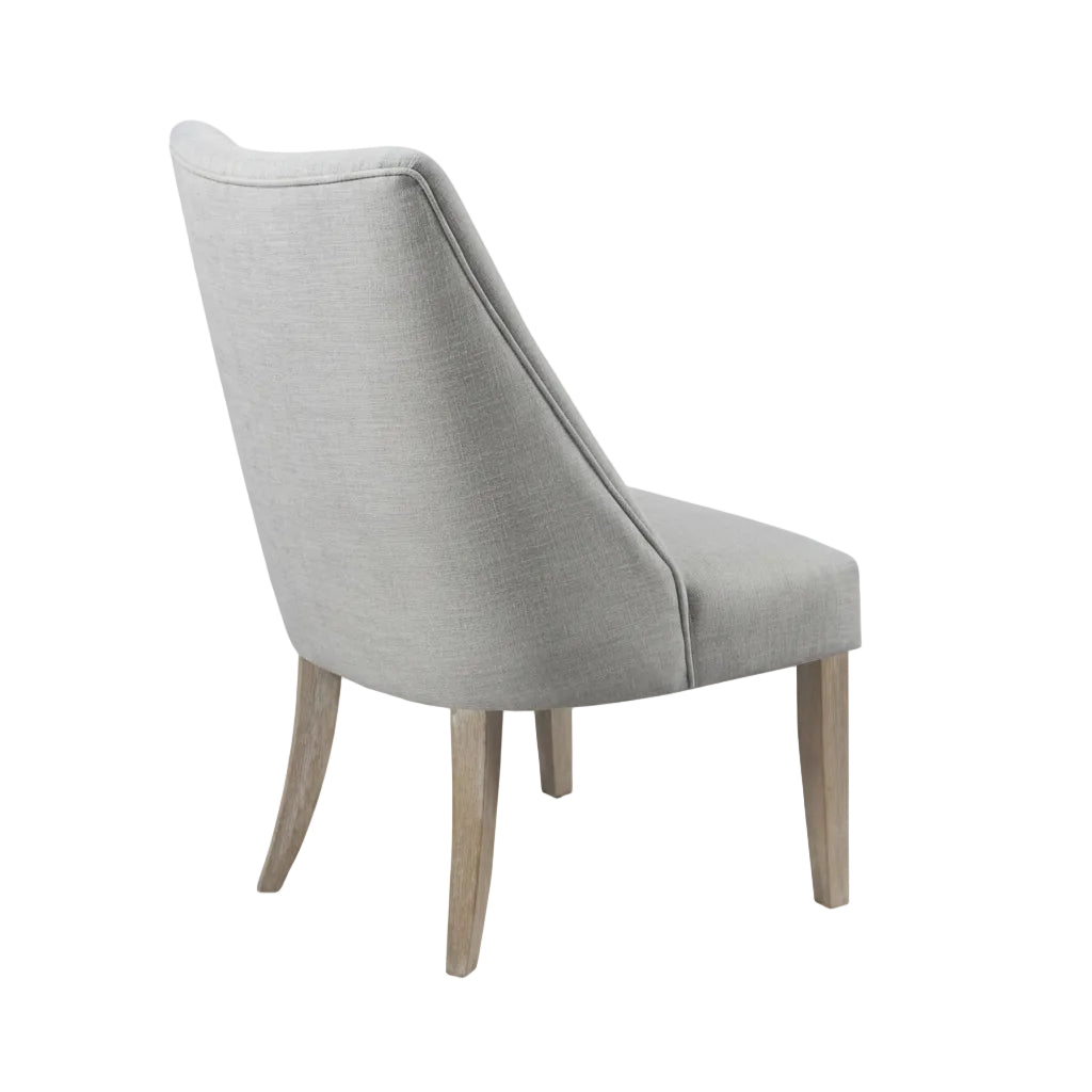 Gray upholstered chair with wooden legs on a white background