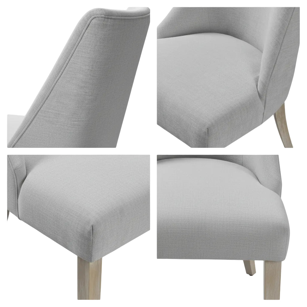 Gray upholstered chair with wooden legs shown from multiple angles on a white background