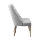 Gray upholstered chair with wooden legs on a white background