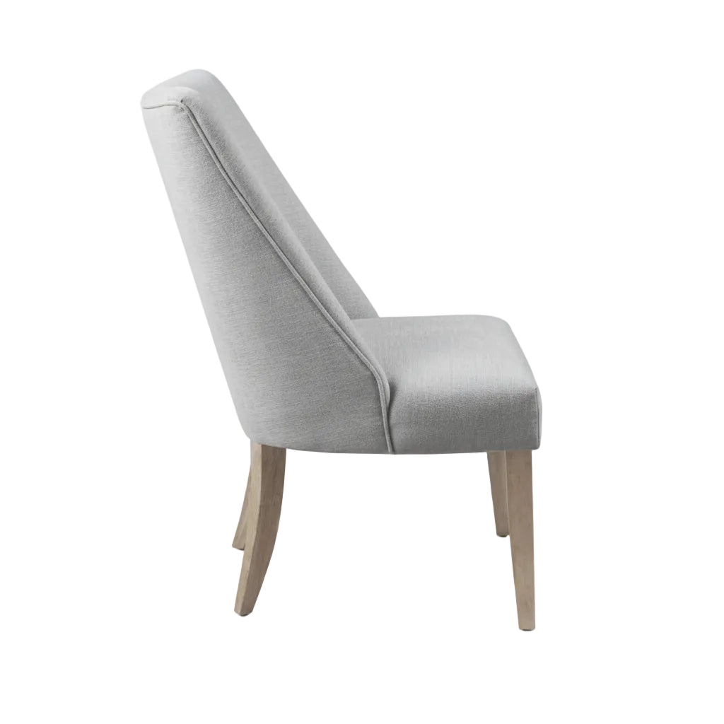 Gray upholstered chair with wooden legs on a white background