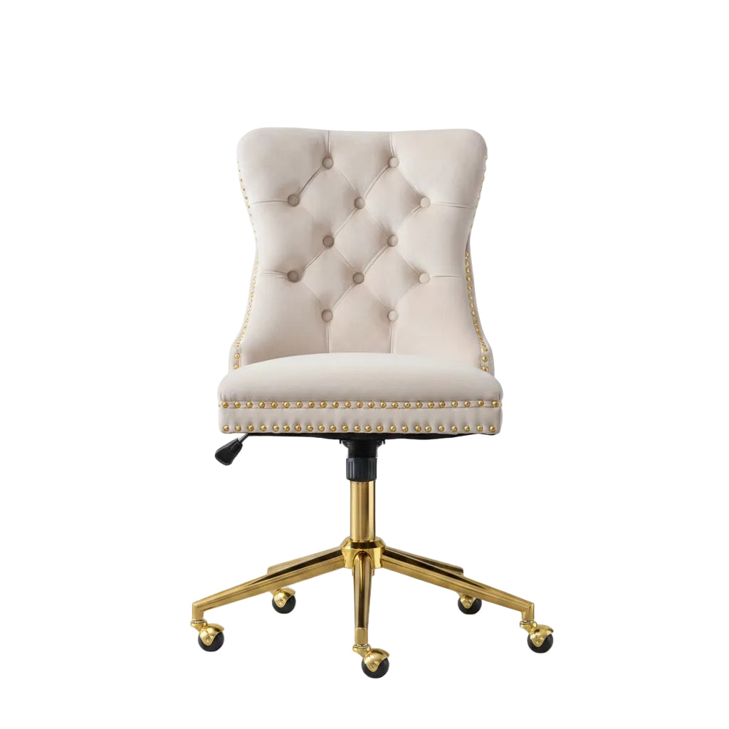 velvet-tufted-office-chair-adjustable-swivel-chair-beige-front-view