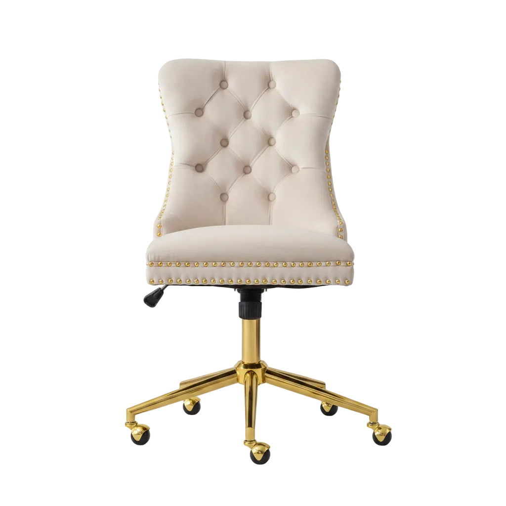 Beige office chair with gold legs in a home office setting