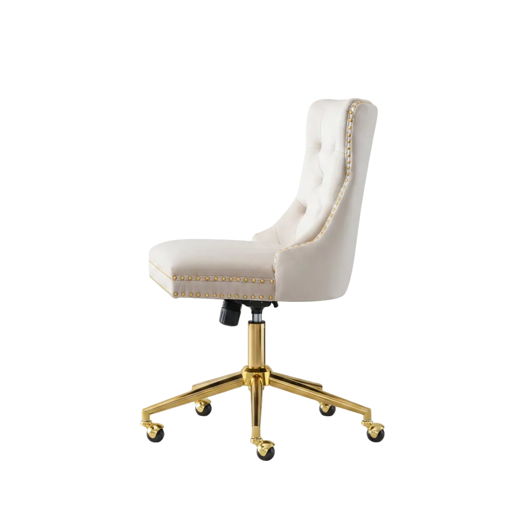 Beige office chair with gold accents in a home office setting