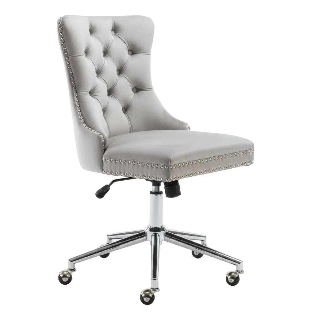 White office chair with dimensions labeled on a white background
