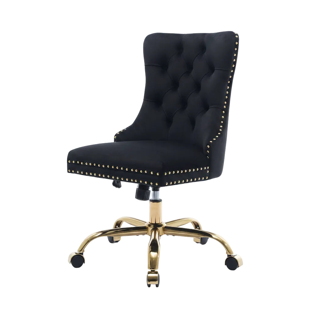 Black office chair with gold accents on a white background
