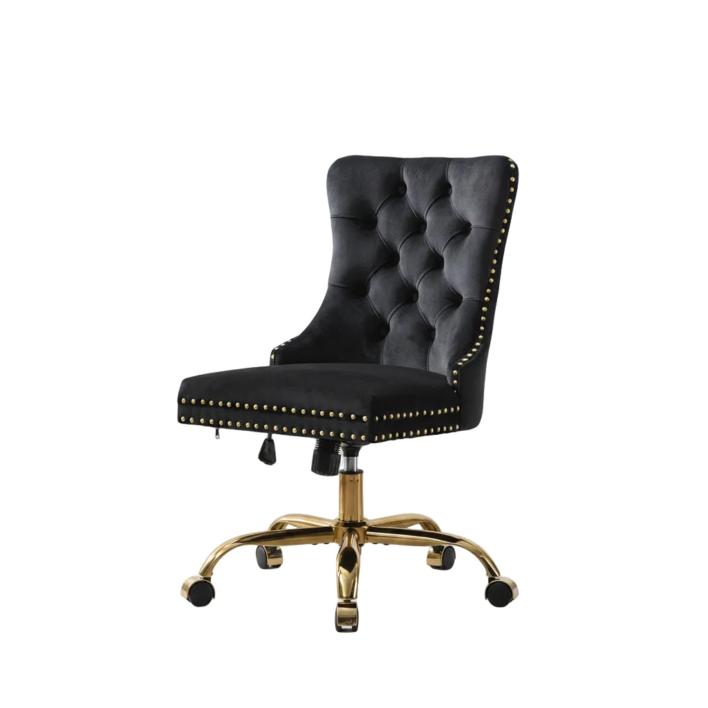 Black office chair with gold accents in a home office setting